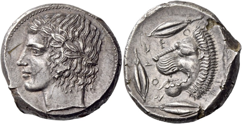 Leontini. Tetradrachm circa 430-425, AR 17.24 g. Laureate head of Apollo l. Rev....