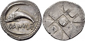 Messana as Zankle under the Samians. Chalcidian drachm circa 500, AR 5.61 g. DANKLE Dolphin swimming l. within sickle-shaped open harbour; outer edge ...
