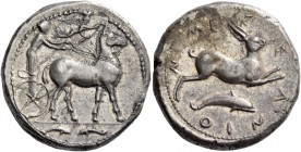 Messana. Tetradrachm circa 420-413, AR 17.25 g. Biga of mules driven r. by charioteer, wearing long chiton and holding reins in both hands and kentron...