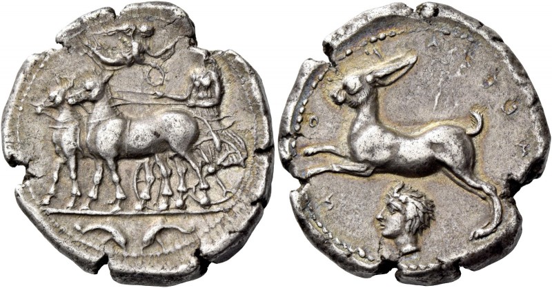 Messana. Tetradrachm circa 412-408, AR 16.91 g. Biga of mules driven l. by nymph...