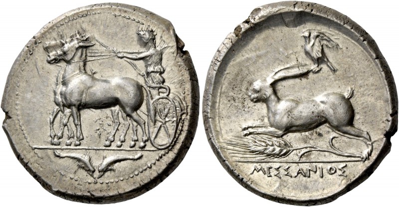 Messana. Tetradrachm circa 412-408, AR 17.34 g. Biga of mules driven l. by chari...