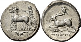 Messana. Tetradrachm circa 412-408, AR 17.34 g. Biga of mules driven l. by charioteer, holding reins and kentron. In exergue, two dolphins swimming do...