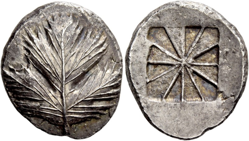 Selinus. Didrachm circa 530-500, AR 9.06 g. Selinon leaf; at base of stem, two p...