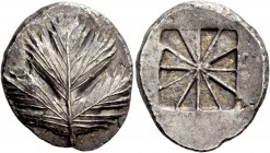 Selinus. Didrachm circa 530-500, AR 9.06 g. Selinon leaf; at base of stem, two pellets . Rev. Incuse mill sail pattern. SNG ANS 667. SNG Ashmolean 188...