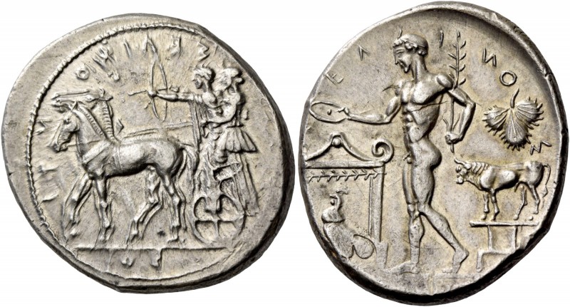 Selinus. Tetradrachm circa 440, AR 17.58 g. ΣΕΛ – ΙΝ – ΟΝΤ – ΙΟΣ Slow quadriga l...