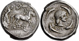 Syracuse. Tetradrachm circa 480-475, AR 17.49 g. Slow quadriga driven r. by bearded charioteer, wearing chiton and holding kentron and reins; above, N...