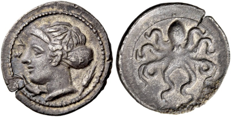 Syracuse. Litra signed by Phrygillos circa 410-400, AR 0.78 g. ΣY Head of Arethu...