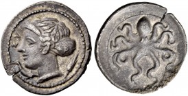 Syracuse. Litra signed by Phrygillos circa 410-400, AR 0.78 g. ΣY Head of Arethusa, wearing earring, necklace, ampyx and sphendone on which, ΦPI; bene...