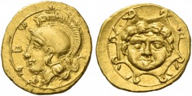 Syracuse. Didrachm circa 405, AV 0.69 g. ΣVPA retrograde. Head of Athena l., wearing Attic crested helmet. Rev. Aegis with gorgoneion. SNG Copenhagen ...