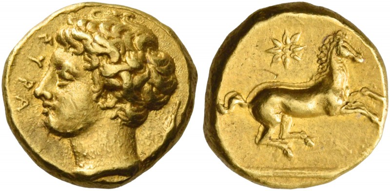 Syracuse. 50 litrae or decadrachm circa 400 BC, AV 2.88 g. ΣYPA Young male head ...