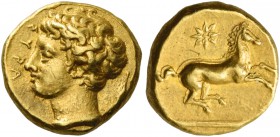 Syracuse. 50 litrae or decadrachm circa 400 BC, AV 2.88 g. ΣYPA Young male head l.; behind, barley grain. Rev. Unbridled horse prancing r.; above, eig...