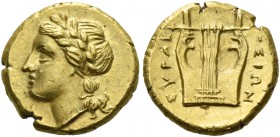 Syracuse. 12 1/2 litrae circa 310-305, EL 1.86 g. Laureate head of Apollo l. Rev. ΣΥΡΑΚ – ΟΣΙΩΝ Five-stringed lyre. SNG Fitzwilliam 1295. SNG ANS 617....