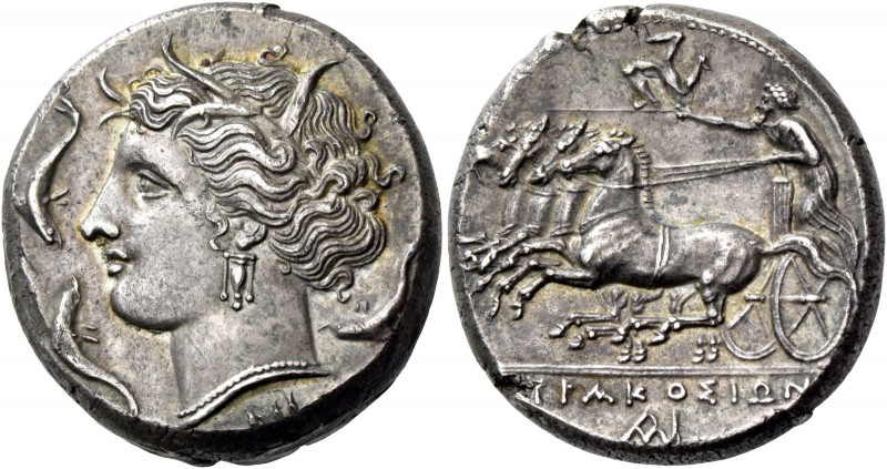 Syracuse. Tetradrachm circa 310-305, AR 17.05 g. Head of Kore-Persephone l., wea...