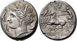 Syracuse. Tetradrachm circa 310-305, AR 17.05 g. Head of Kore-Persephone l., wearing barley wreath, triple-pendant earring and necklace; beneath neck ...