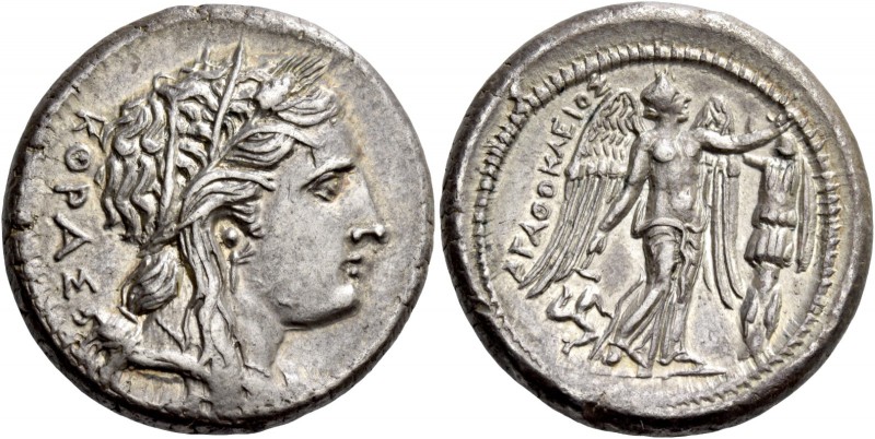 Syracuse. Tetradrachm circa 310-304, AR 16.89 g. ΚΟΡΑΣ Head of Kore-Persephone r...