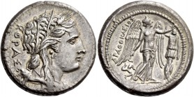 Syracuse. Tetradrachm circa 310-304, AR 16.89 g. ΚΟΡΑΣ Head of Kore-Persephone r., wearing barley wreath, earring with drop pendant and necklace; hair...