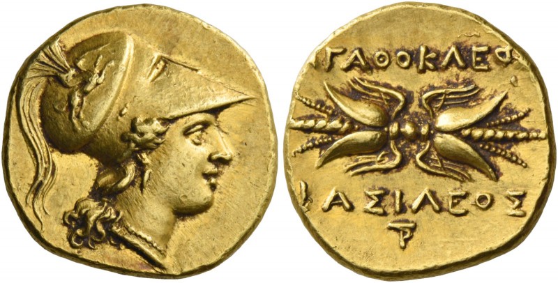 Syracuse. Double decadrachm circa 304-289, AV 5.69 g. Head of Athena r., wearing...