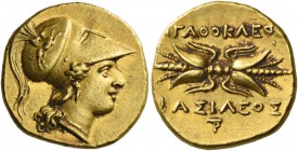 Syracuse. Double decadrachm circa 304-289, AV 5.69 g. Head of Athena r., wearing earring, necklace and crested Corinthian helmet with bowl decorated w...