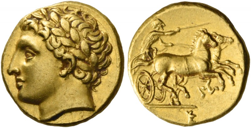 Syracuse. Decadrachm, circa 295-289, AV 2.84 g. Laureate head of Apollo l. Rev. ...