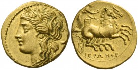 Syracuse. Decadrachm circa 269-263, AV 4.24 g. Head of Kore-Persephone l., wearing barley wreath; behind, poppy. Rev. Prancing biga driven r. by chari...