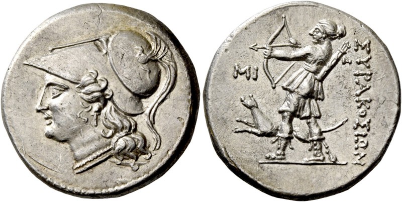 Syracuse. 12 litrae circa 214-212, AR 10.16 g. Head of Athena l., wearing Corint...