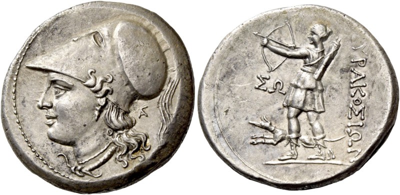 Syracuse. 12 litrae circa 214-212, AR 10.12 g. Head of Athena l., wearing Corint...