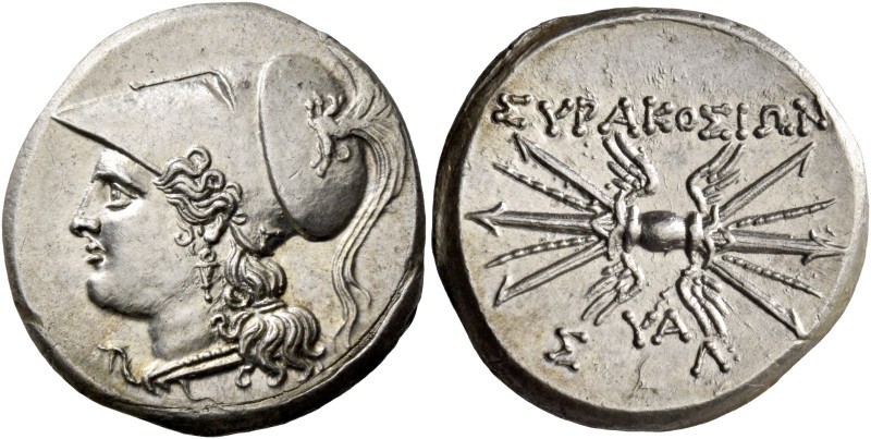 Syracuse. 8 litrae circa 214-212, AR 6.77 g. Head of Athena l., wearing Corinthi...