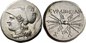 Syracuse. 8 litrae circa 214-212, AR 6.77 g. Head of Athena l., wearing Corinthian helmet decorated with griffin. Rev. ΣYPAKOΣION Winged thunderbolt; ...