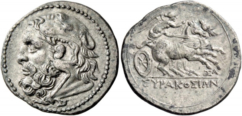 Syracuse. 6 litrae circa 214-212, AR 4.85 g. Bearded head of Heracles l., wearin...