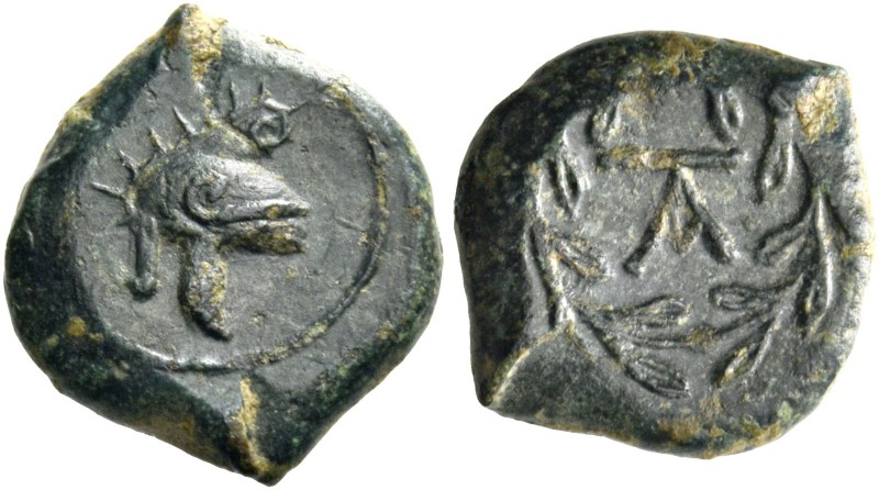 Tauromenium. The Campanian mercenaries, Bronze circa 340-330, Æ 2.29 g. Helmet r...