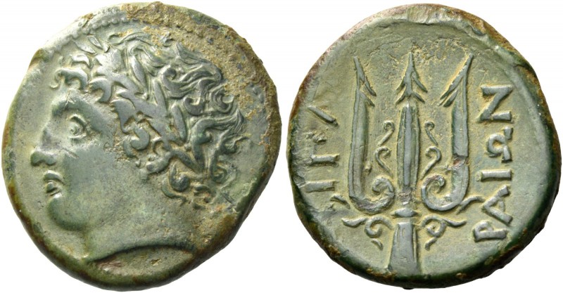 Islands off Sicily, Lipara. Bronze last quarter IV century, Æ 7.58 g. Laureate h...