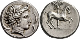 The Carthaginians in Sicily and North Africa. Tetradrachm, uncertain mint in Sicily ”people of the camp” circa 350-320, AR 16.78 g. Head of Tanit (Kor...