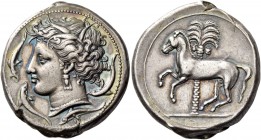 The Carthaginians in Sicily and North Africa. Tetradrachm, uncertain mint in Sicily “people of the camp” circa 350-320, AR 17.08 g. Head of Tanit-Pers...