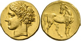 The Carthaginians in Sicily and North Africa. Trihemistater, Carthage circa 260, AV 12.52 g. Head of Tanit (Kore-Persephone) l., wearing barley wreath...
