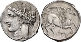 The Carthaginians in Sicily and North Africa. Decadrachm, Carthage circa 260, AR 38.04 g. Head of Tanit (Kore-Persephone) l., wearing barley wreath an...