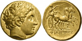 Kings of Macedonia, Philip II, 359 – 336 and posthumous issues. Stater, Pella circa 324, AV 8.61 g. Laureate head of Apollo r. Rev. ΦΙΛΙΠΠΟΥ Prancing ...