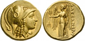 Alexander III, 336 – 323 and posthumous issues. Stater, Amphipolis 330-320, AV 8.61 g. Head of Athena r., wearing Corinthian helmet decorated with sna...
