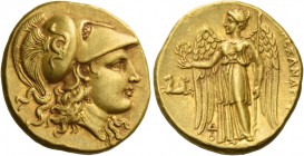 Alexander III, 336 – 323 and posthumous issues. Stater, Lampsacus 328-323, AV 8.52 g. Head of Athena r., wearing crested Corinthian helmet, bowl decor...