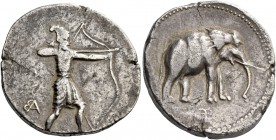 Alexander III, 336 – 323 and posthumous issues. Tetradrachm of 2 shekels, Babylon circa 327, AR 15.41 g, Indian archer standing r., drawing a large bo...