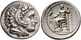 Alexander III, 336 – 323 and posthumous issues. Drachm, Miletus circa 325-323, AR 4.28 g. Head of Heracles r., wearing lion skin headdress; on which, ...