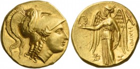Philip III, 323 – 317 and posthumous issues. Stater, Aradus circa 323-316, AV 8.61 g. Head of Athena r., wearing crested Corinthian helmet, bowl decor...