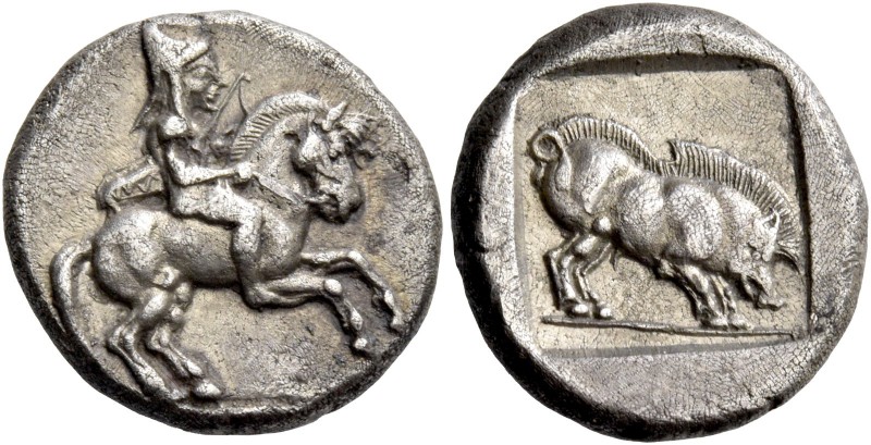 Uncertain mint in Macedonia. Drachm circa 470-450, AR 4.15 g. Horseman riding r....