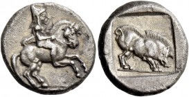 Uncertain mint in Macedonia. Drachm circa 470-450, AR 4.15 g. Horseman riding r. Rev. Boar standing r. within incuse square.
Apparently unique and un...