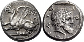 Thrace, Abdera. Stater, magistrate Dionysas circa 395-360, AR 12.80 g. Griffin crouching l. Rev. Δ – Ι – ΟΝ – Υ – [Σ]ΑΣ Ivy-wreathed head of Dionysus ...