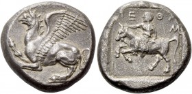 Thrace, Abdera. Stater, magistrate Rethas circa 395-360, AR 13.91 g. Griffin crouching l. Rev. PEΘAΣ Europa on bull rearing l.; all within incuse squa...