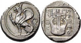 Thrace, Abdera. Stater, magistrate Herokleitos circa 378, AR 16.89 g. Griffin seated l., with rounded wings, r. foreleg raised. Rev. E – Π – I – HPO –...