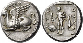 Thrace, Abdera. Stater, magistrate Telemachos circa 359, AR 11.47 g. ABΔH Griffin crouching l. Rev. EΠI TH[Λ] – EMAΞO Heracles standing l., holding cl...