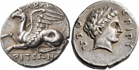Thrace, Abdera. Stater, magistrate Pithes circa 336-311, AR 10.17 g. ΑΒΔΗ Griffin crouching l.; in exergue, ΡΙΤΕΩΝ. Rev. ΕΠΙ ΠΥ ΘΕΩ[Ν] Laureate head o...