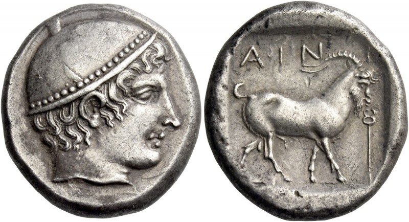 Aenus. Tetradrachm circa 410, AR 16.31 g. Head of Hermes r., wearing brimless pe...
