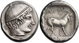 Aenus. Tetradrachm circa 410, AR 16.31 g. Head of Hermes r., wearing brimless petasus. Rev. AIN – I Goat r.; in r. field, caduceus. All within partial...